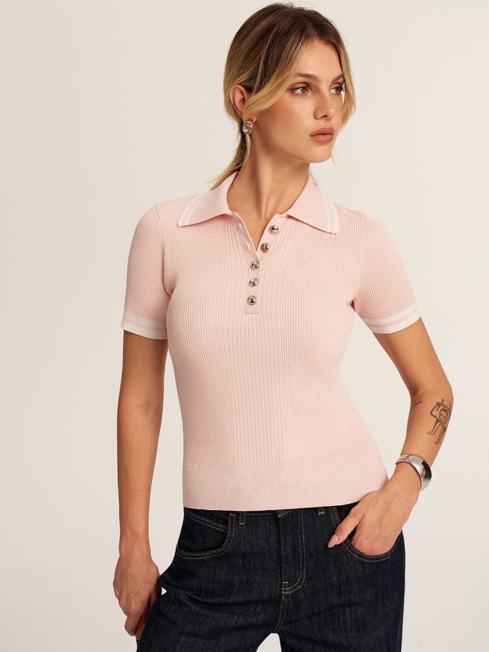 Commense Short Sleeve Ribbed Knit Polo Top - Picture 5 of 7
